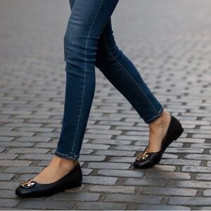 Tory Burch Black Leather Ballet Flats Gold Logo Size 11M